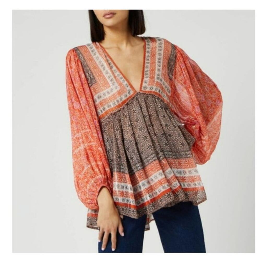 Free People Boho Tunic Top S Orange Paisley Floral Peasant Long Sleeve Sheer